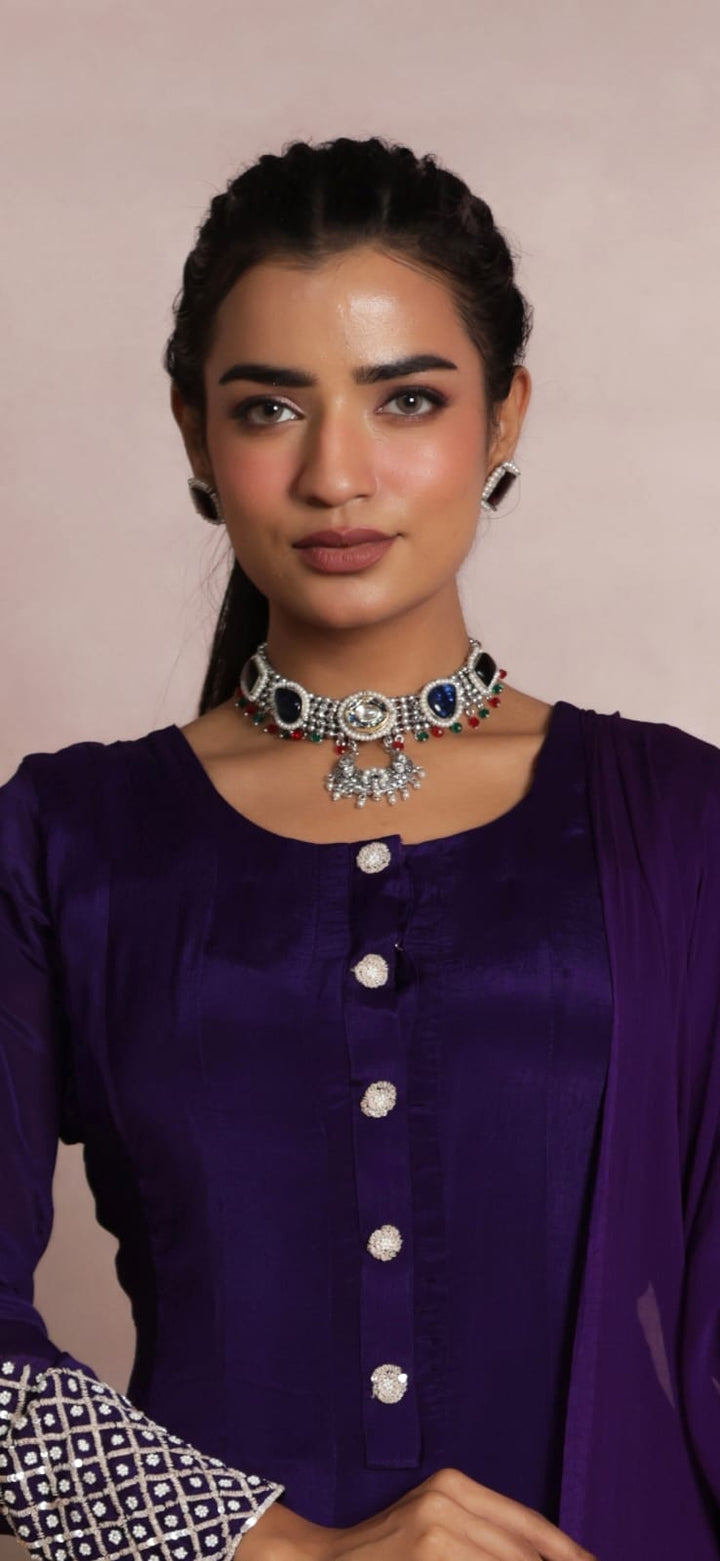 German Silver Royal Kundan & Multi-Gemstone Choker Set with Matching Earrings