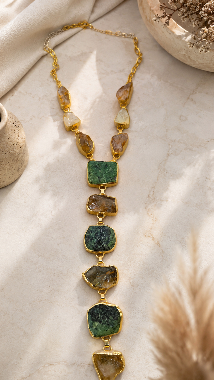The Earth & Aura Cascade: Raw Emerald and Citrine Statement Necklace