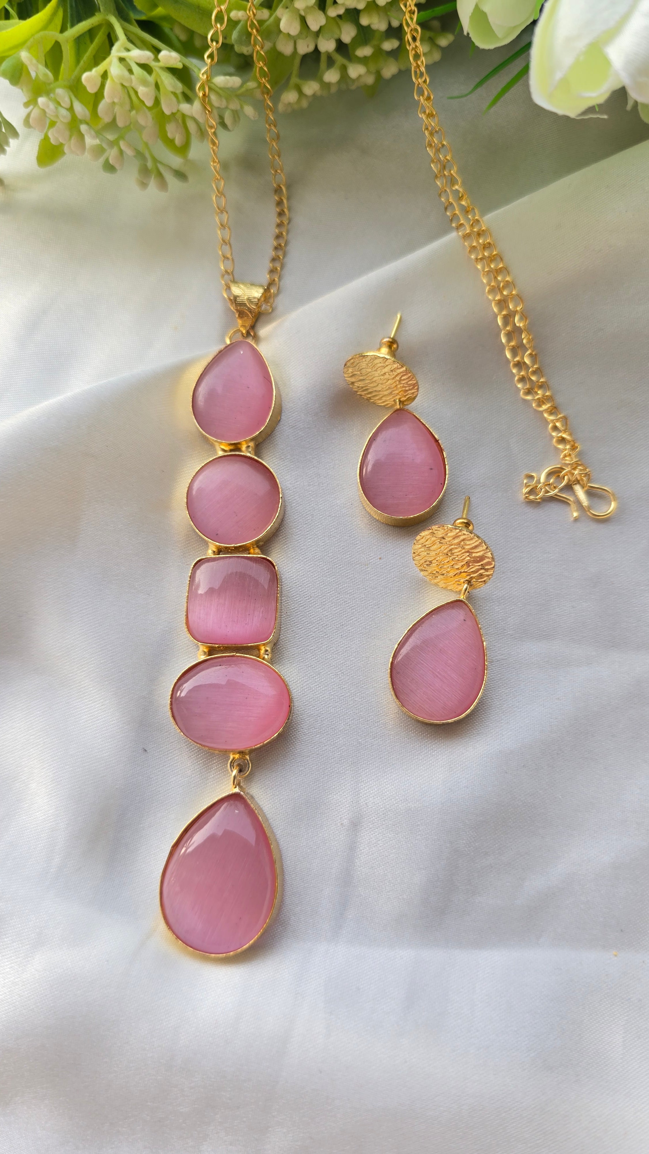 Handcrafted Multi-Shape Stone Pendant Necklace and Earrings Set