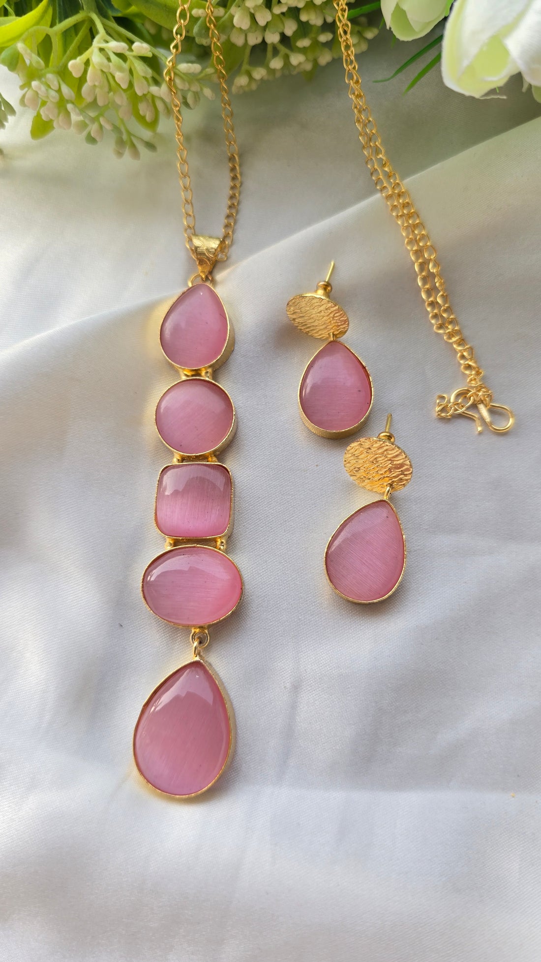 Handcrafted Multi-Shape Stone Pendant Necklace and Earrings Set