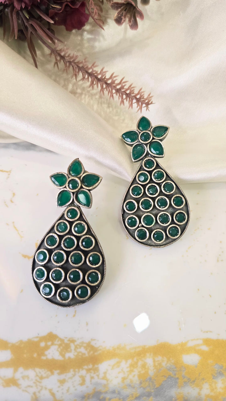 Emerald Green Floral Teardrop Oxidized Earrings