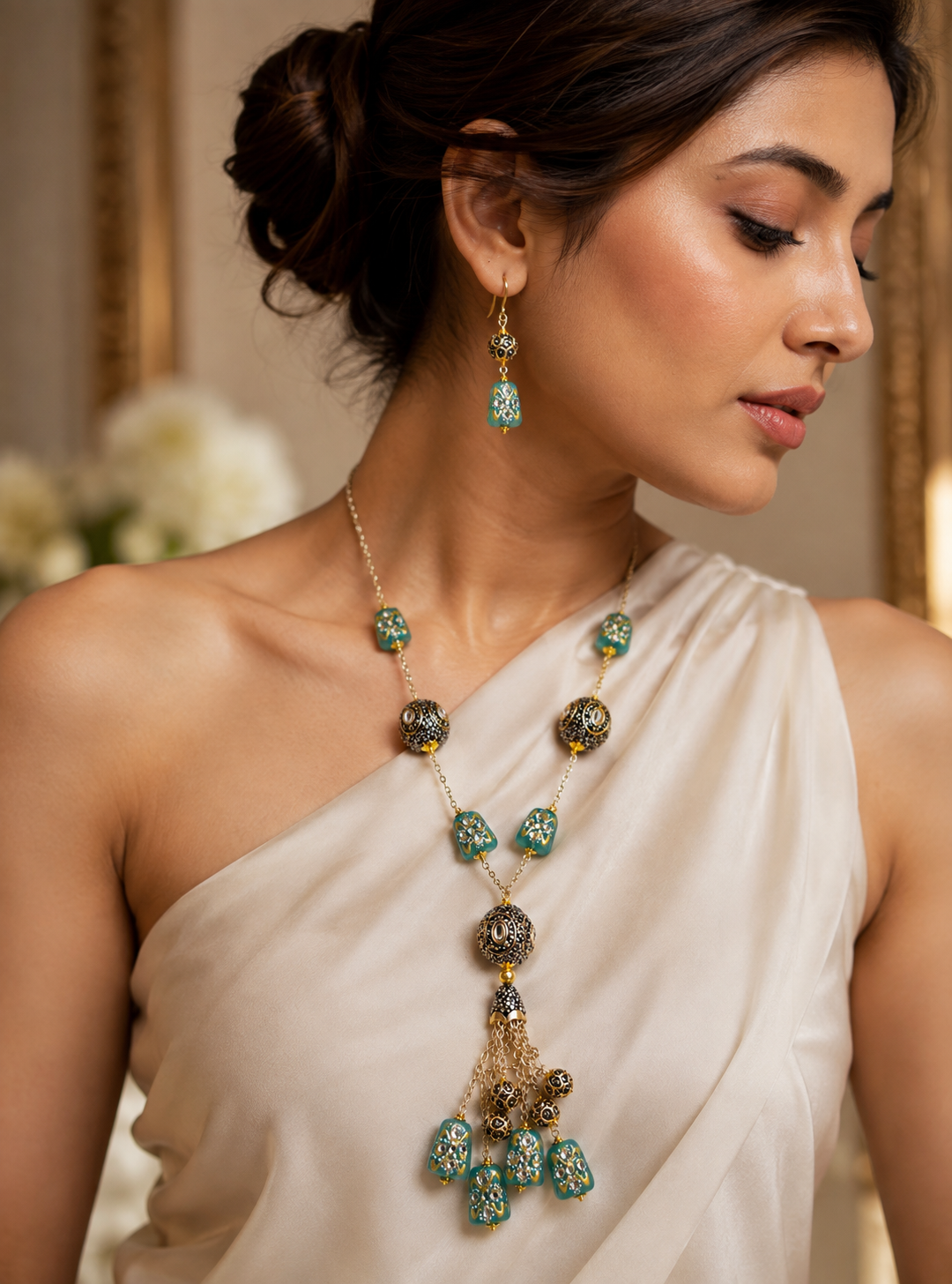 Long Bohemian Aqua Blue Bead Dori Necklace with Earrings