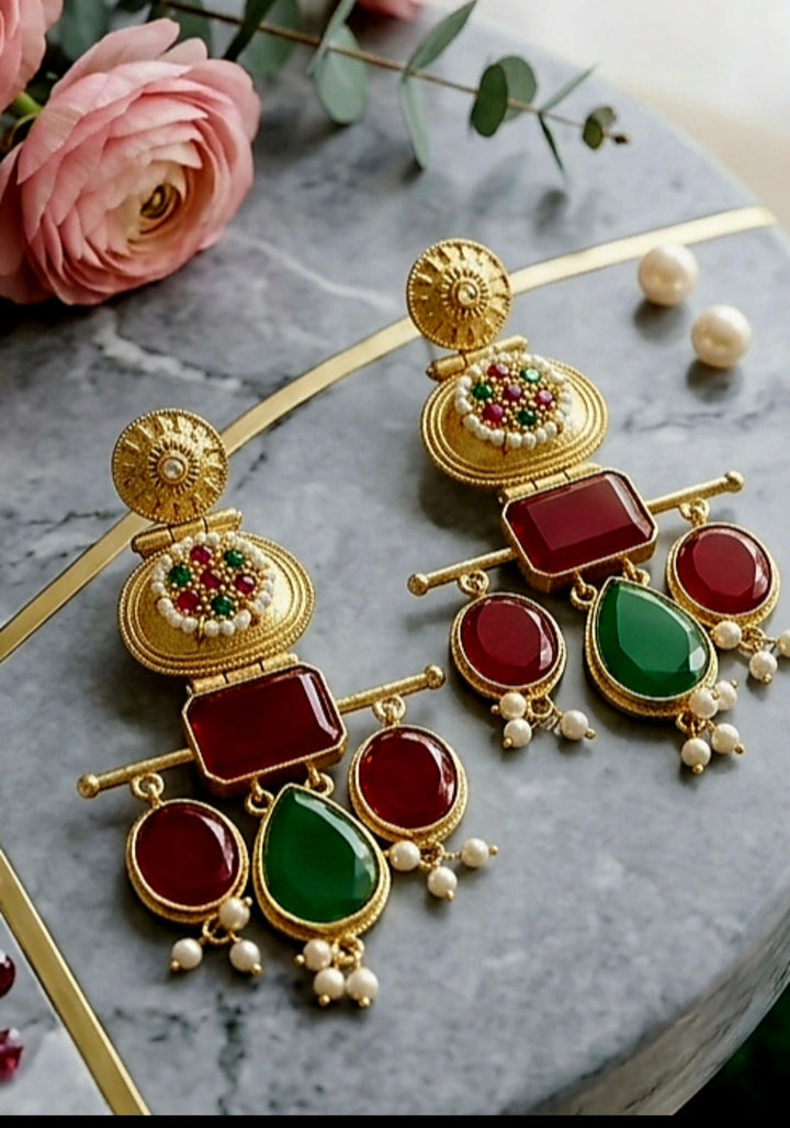 Kalyani Jadau-Style Statement Earrings in Antique Gold