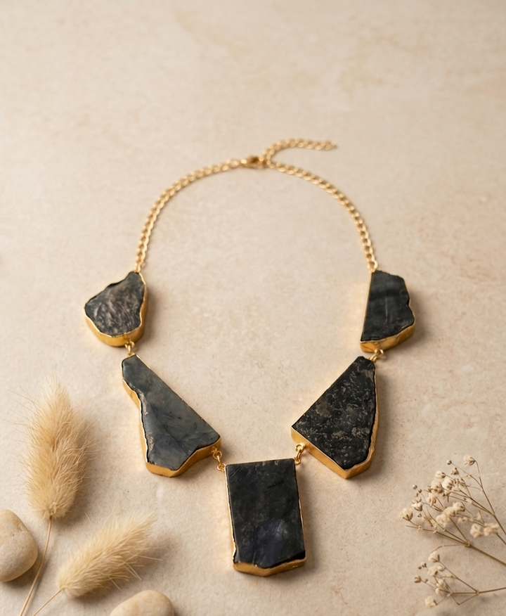 Raw Black Stone & Gold Statement Necklace