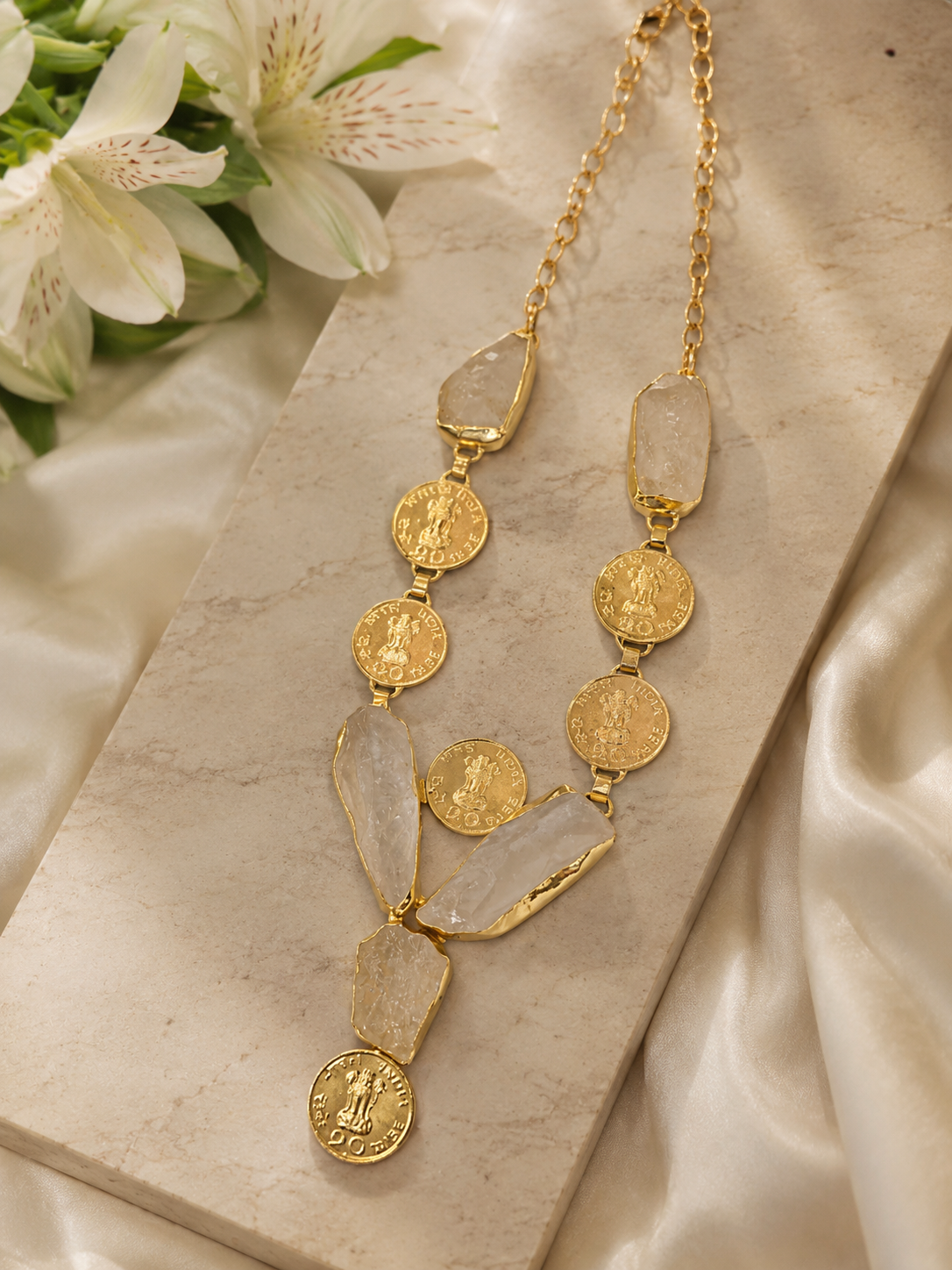 Aura Raw Quartz & Vintage-Inspired Coin Statement Necklace – Gold Plated
