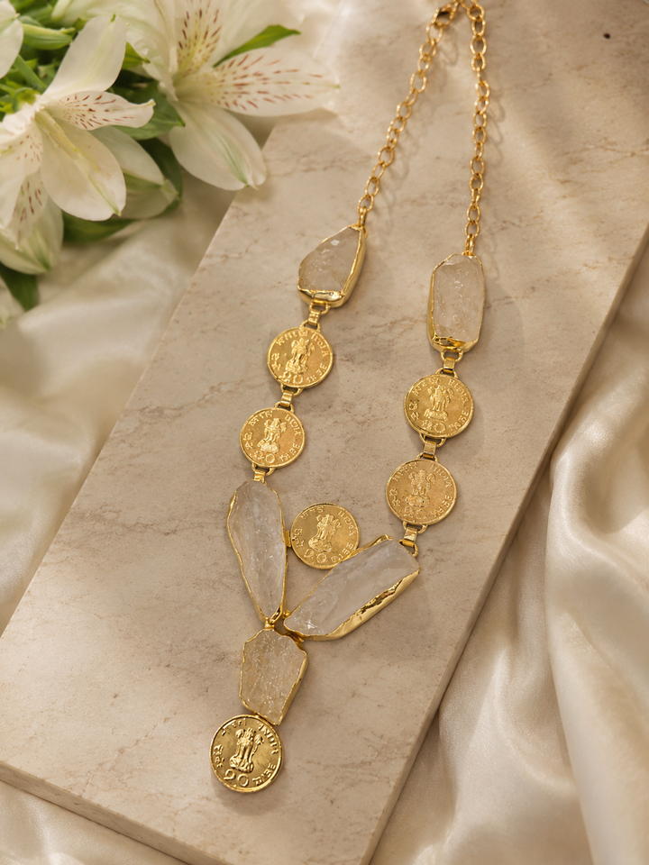 Aura Raw Quartz & Vintage-Inspired Coin Statement Necklace – Gold Plated