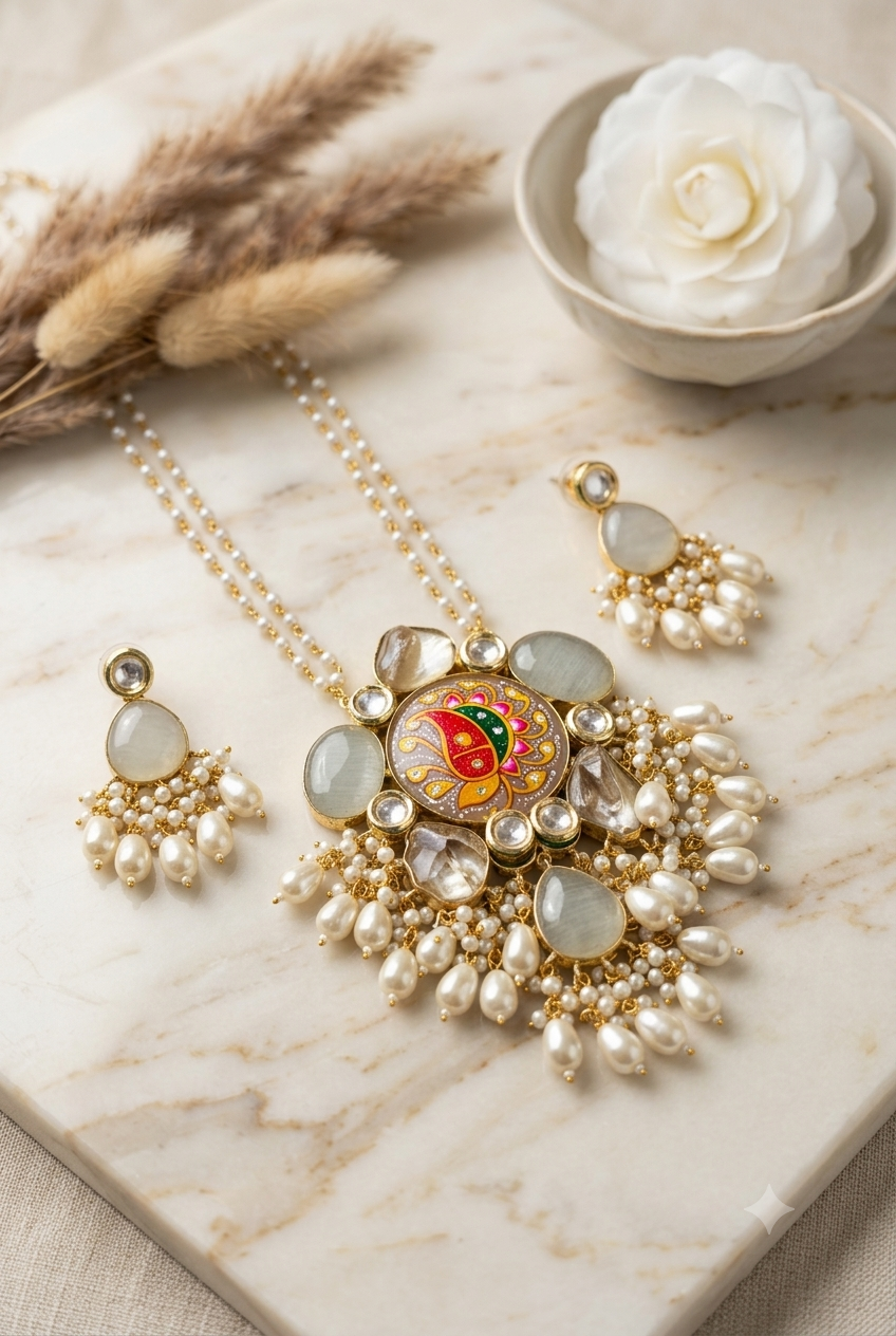 Handcrafted Meenakari Floral Pendant Necklace Set with Cat’s Eye Stones & Pearl Droplets