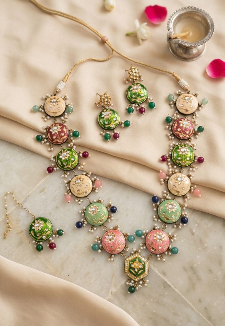The Mehrunisa Hand-Painted Meenakari & Kundan Haar Set with Maang tika