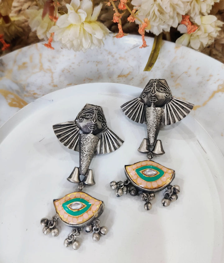 Oxidized Silver Tribal Face Earrings with Enamel