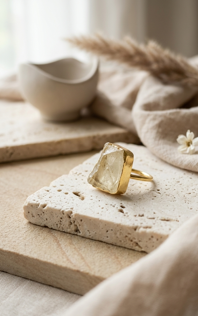 Aurelia Raw Crystal Cocktail Ring – Handcrafted Gold Bezel