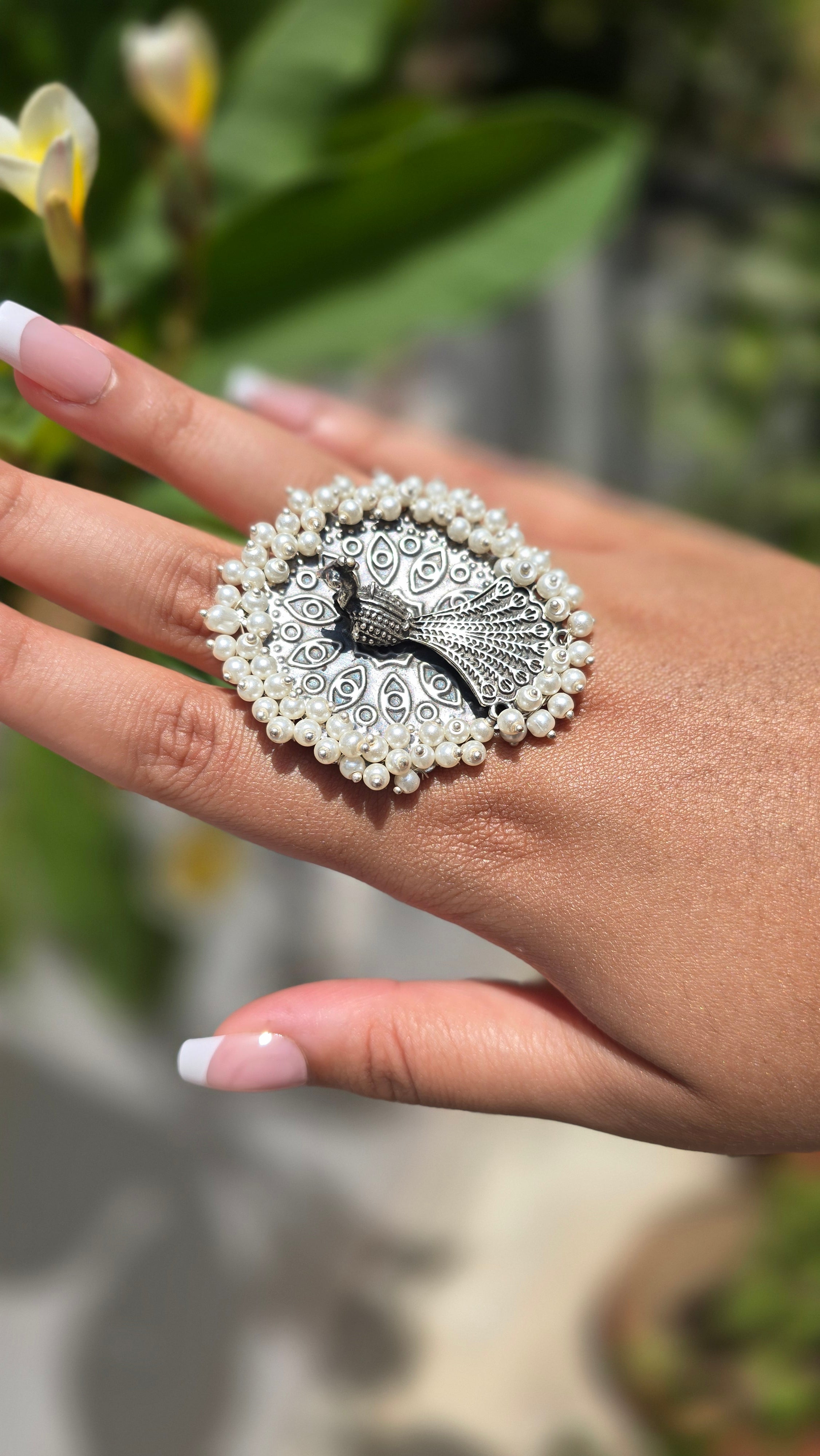 Traditional Mayur silver oxidised ring