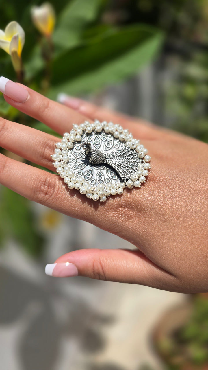 Traditional Mayur silver oxidised ring