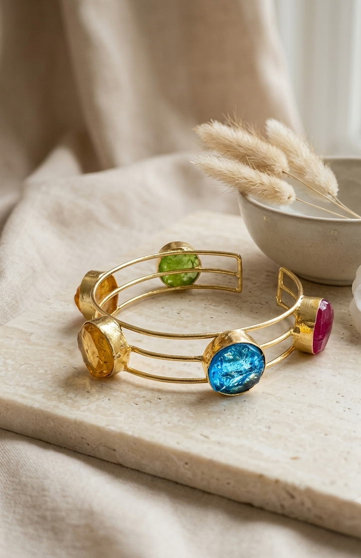 Handmade Rainbow Crystal & Gold Open Bangle Bracelet