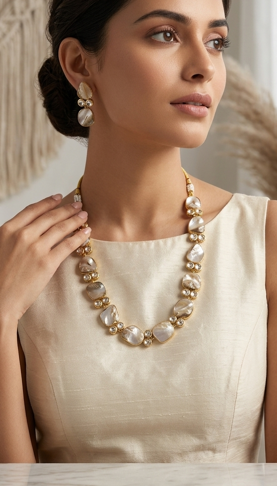 Ivory Glow Mother of Pearl Layered Necklace & Earring Combo