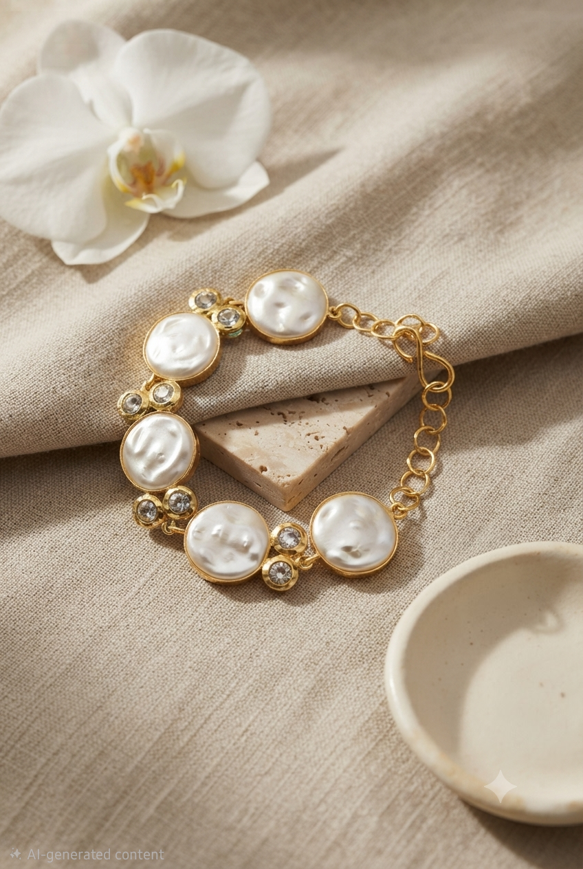 White Coin Disc & Crystal Gold-Plated Chain Bracelet