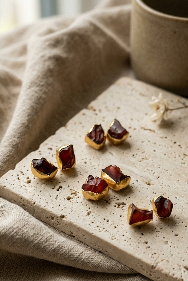 The Crimson Relic Stud Earrings in gold setting