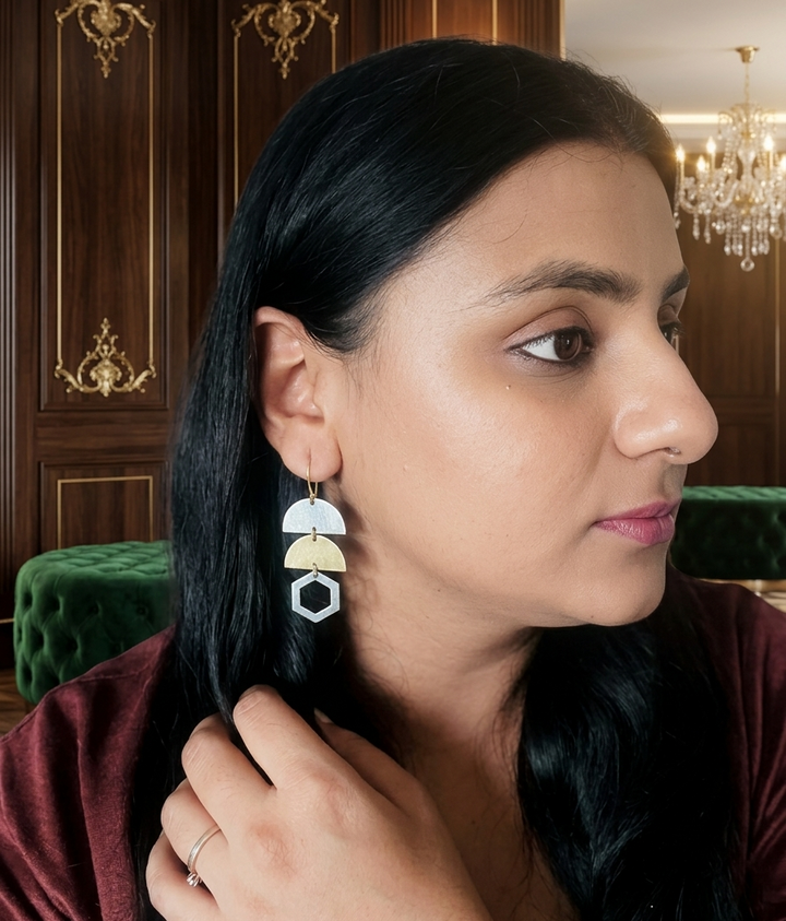 Dual-Tone Geometric Tiered Drop Earrings