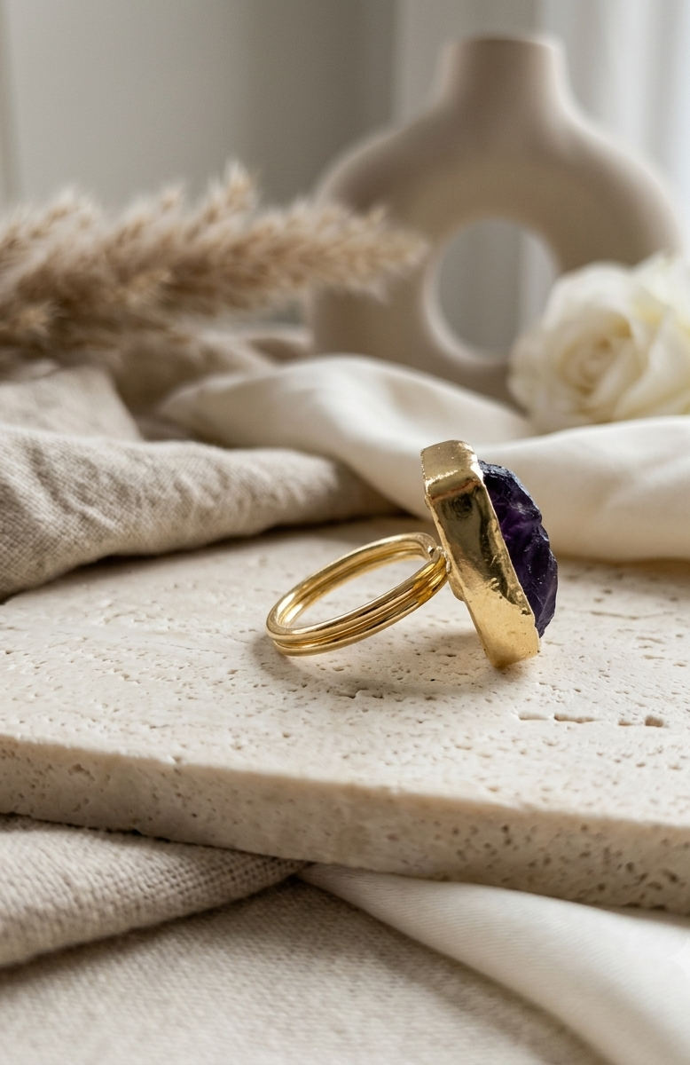 Amara Raw Amethyst Statement Ring in 18K Gold Plated Bezel