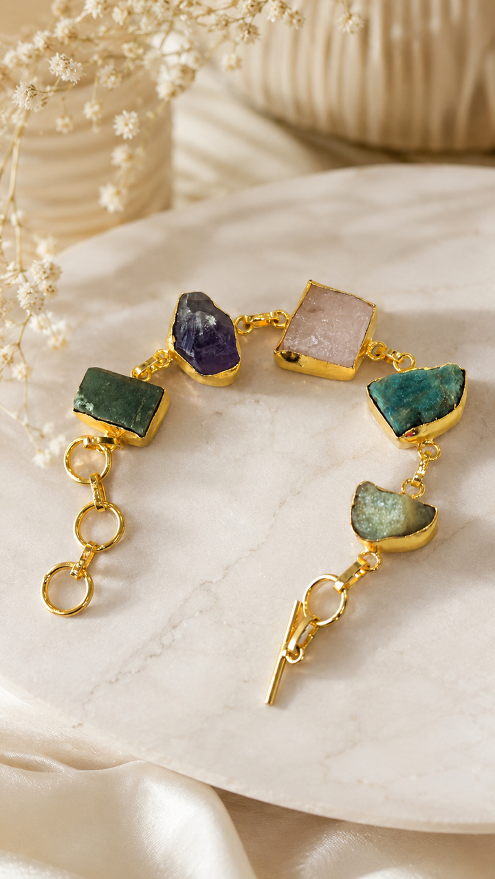 Raw Multi-Gemstone Statement Bracelet in Gold Plated Setting