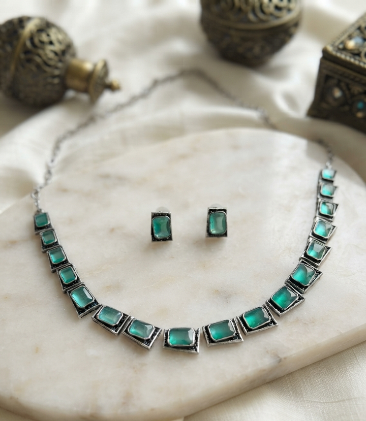 Regal Mint Oxidized Silver Choker Necklace and Earrings Set