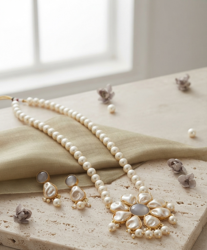 Golden Ivory Floral Pearl and Grey Stone Necklace Set