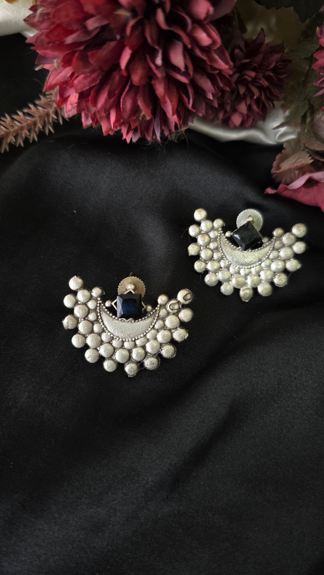 Set of 2 Oxidized Silver Earring Combo - Lotus Ghungroo Drop & Crescent Studs