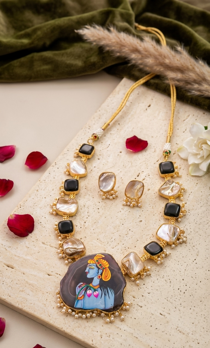 Hand-Painted Lord Krishna Agate Pendant Necklace & Earrings Set with Pearls