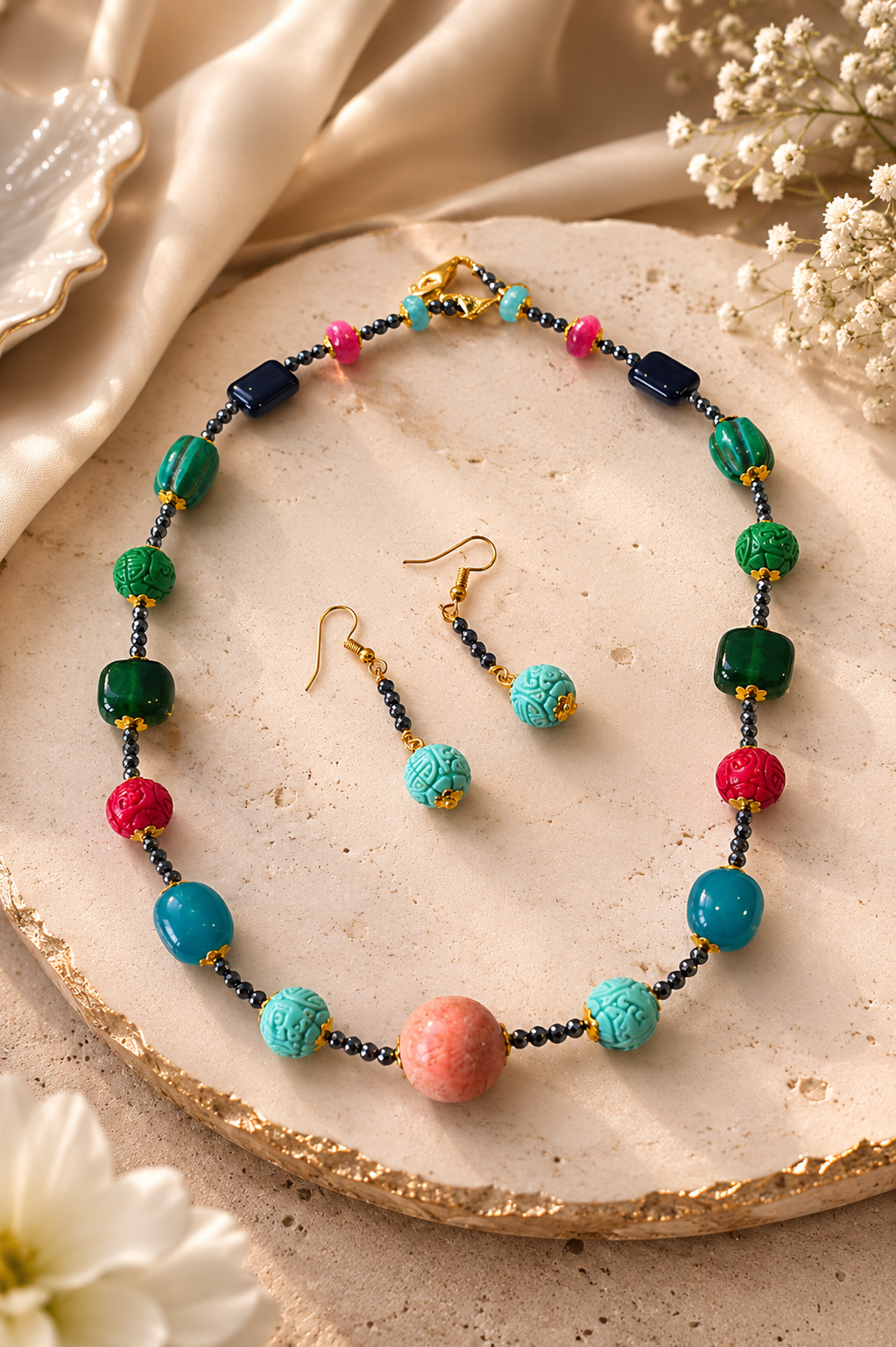 Handcrafted Multicolour Beaded Statement Necklace Set with Drop Earrings