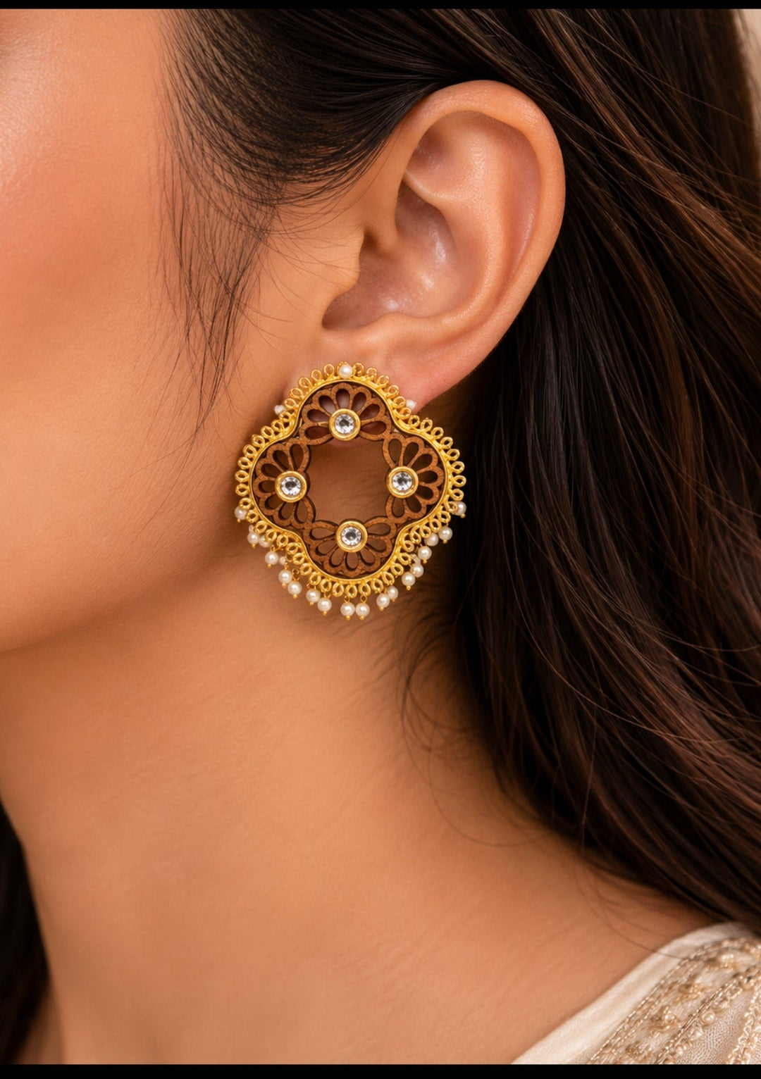 Handcrafted Wooden Statement Earrings – Gold Filigree and Pearl Drop Studs