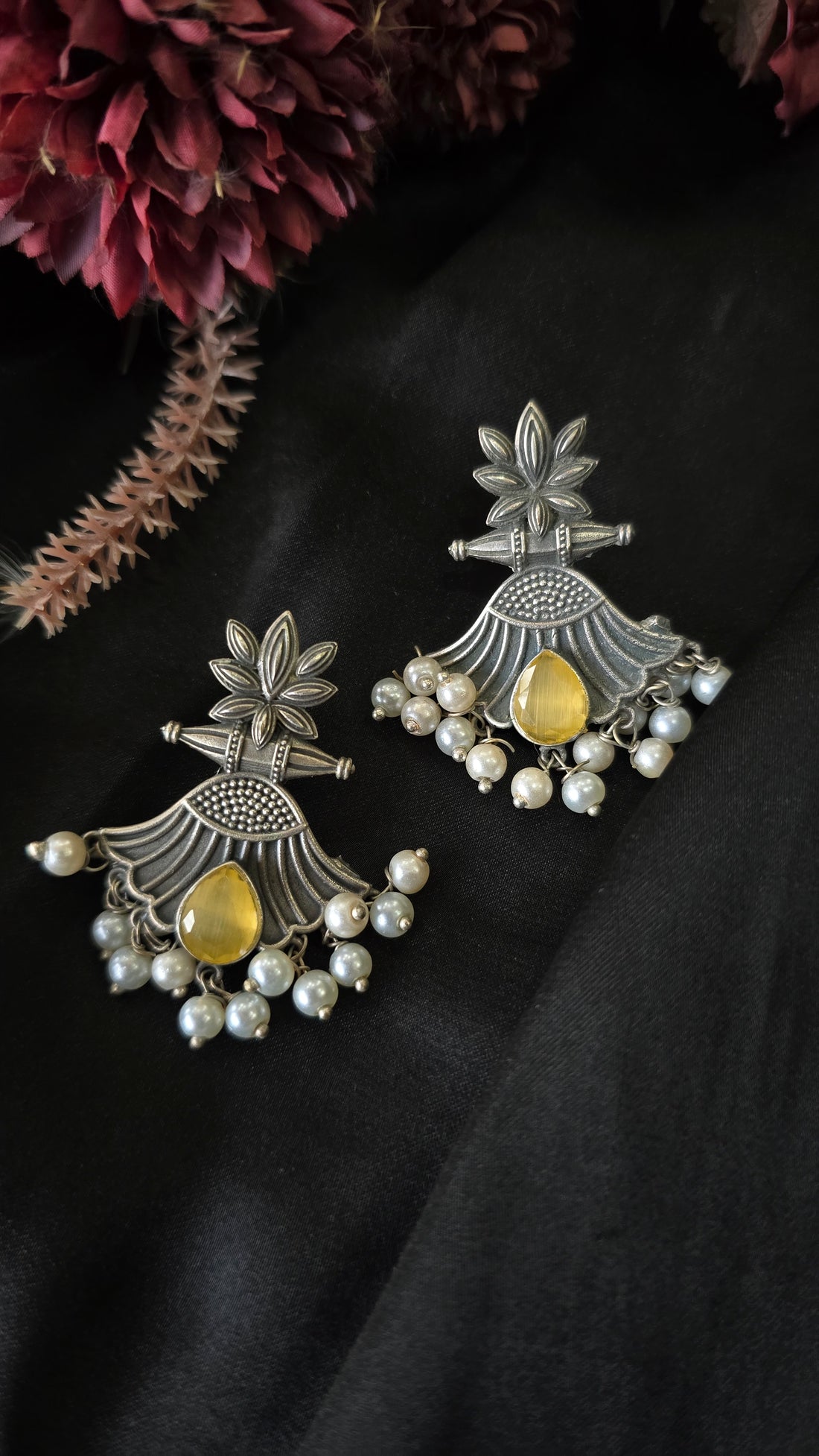 The Festive Dual Set: Oxidized Pearl Jhumkas & Yellow Chandelier Earrings