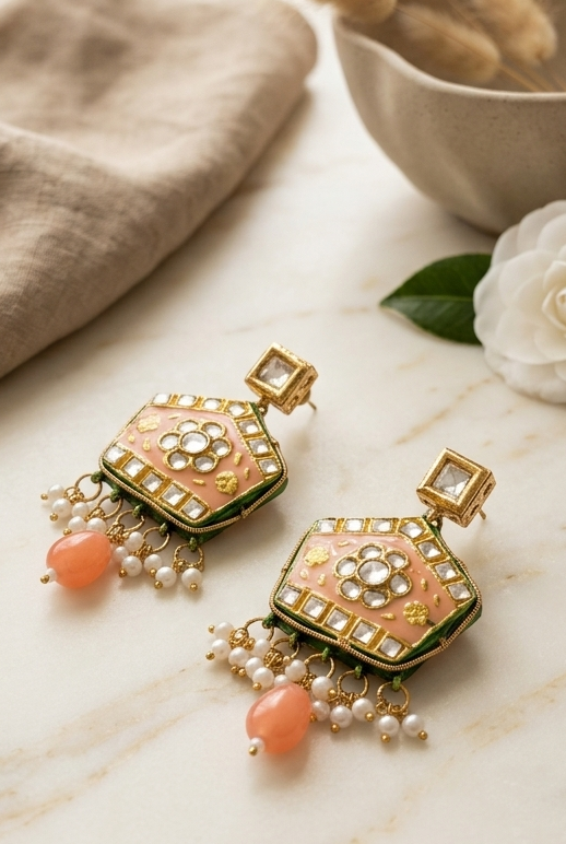 Traditional Pastel Pink Meenakari Statement Dangles