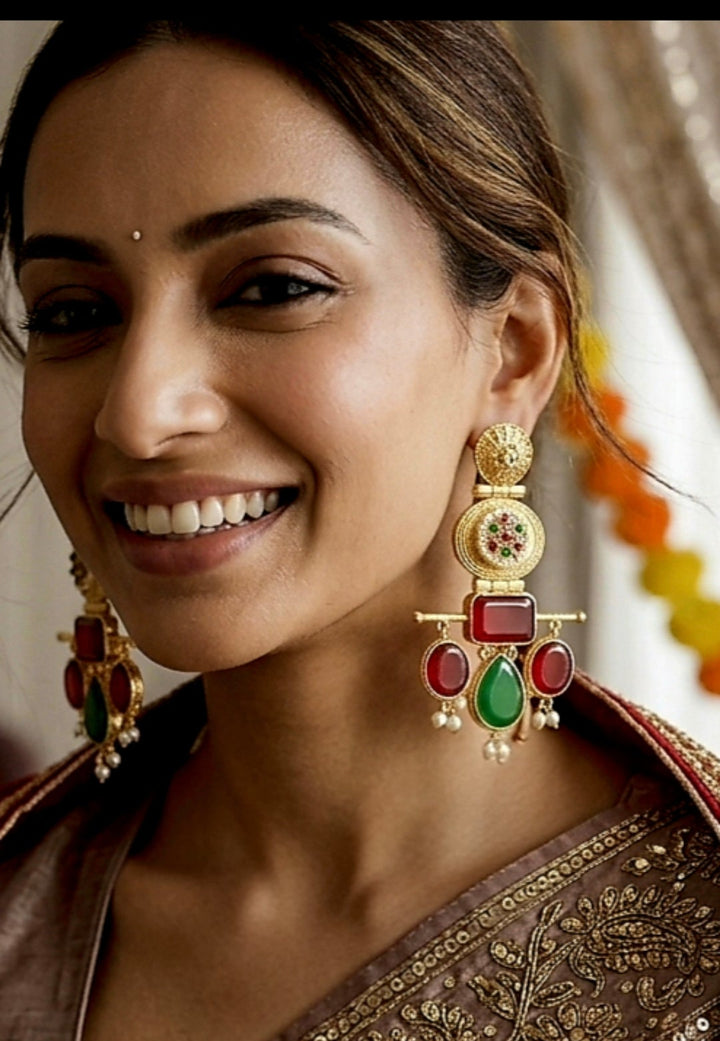 Kalyani Jadau-Style Statement Earrings in Antique Gold