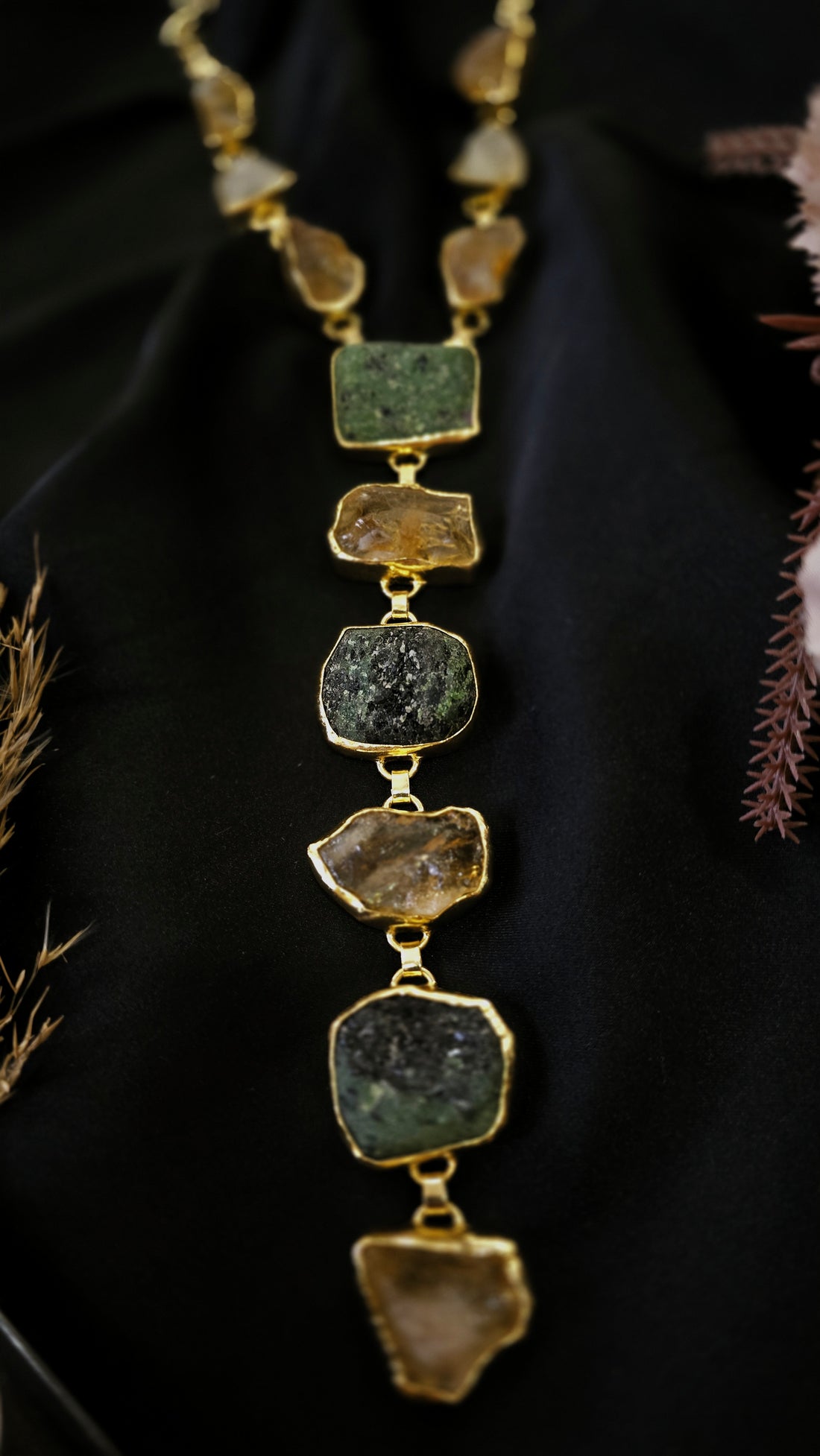 The Earth & Aura Cascade: Raw Emerald and Citrine Statement Necklace