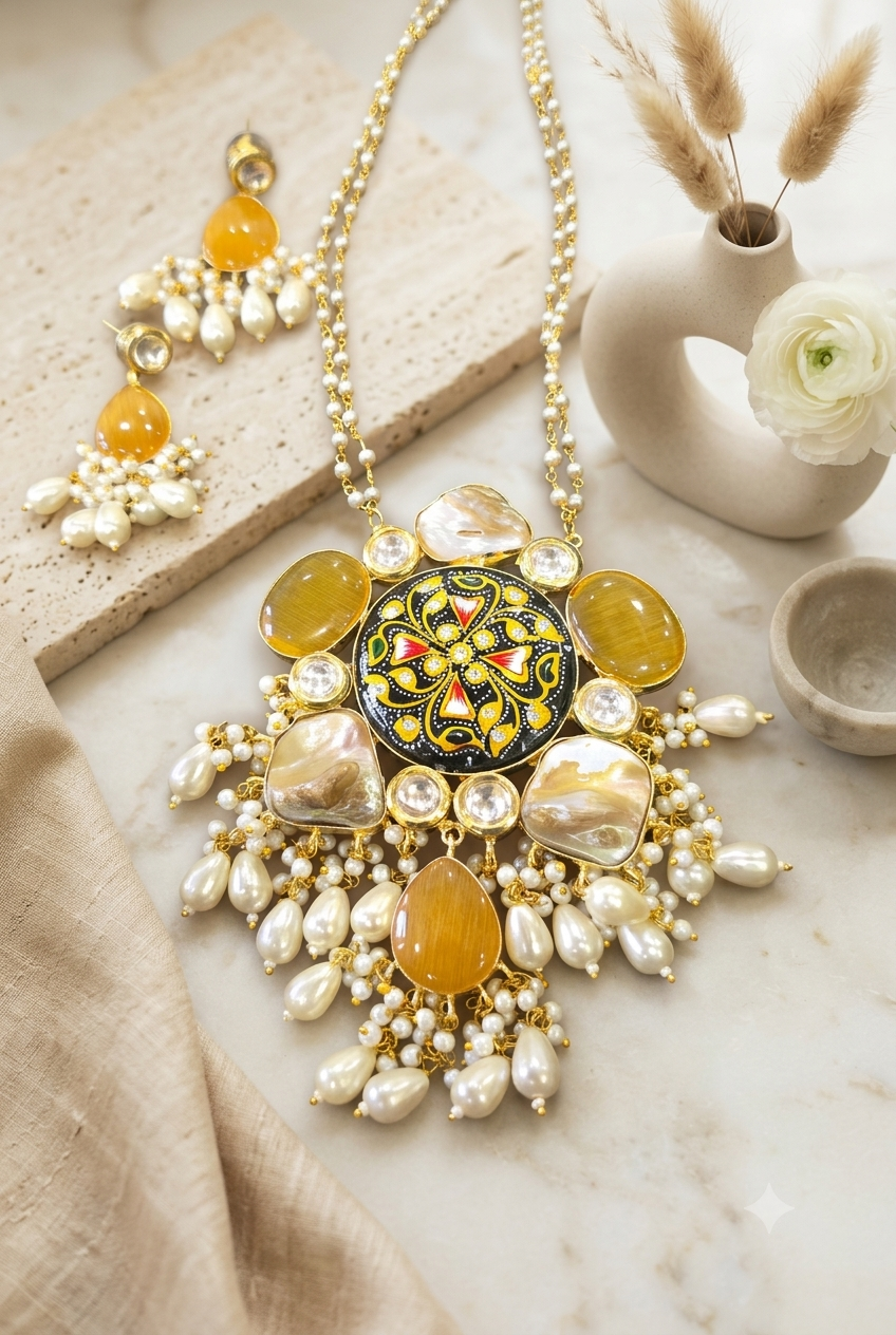 Handcrafted Meenakari Floral Pendant Necklace Set with Cat’s Eye Stones & Pearl Droplets