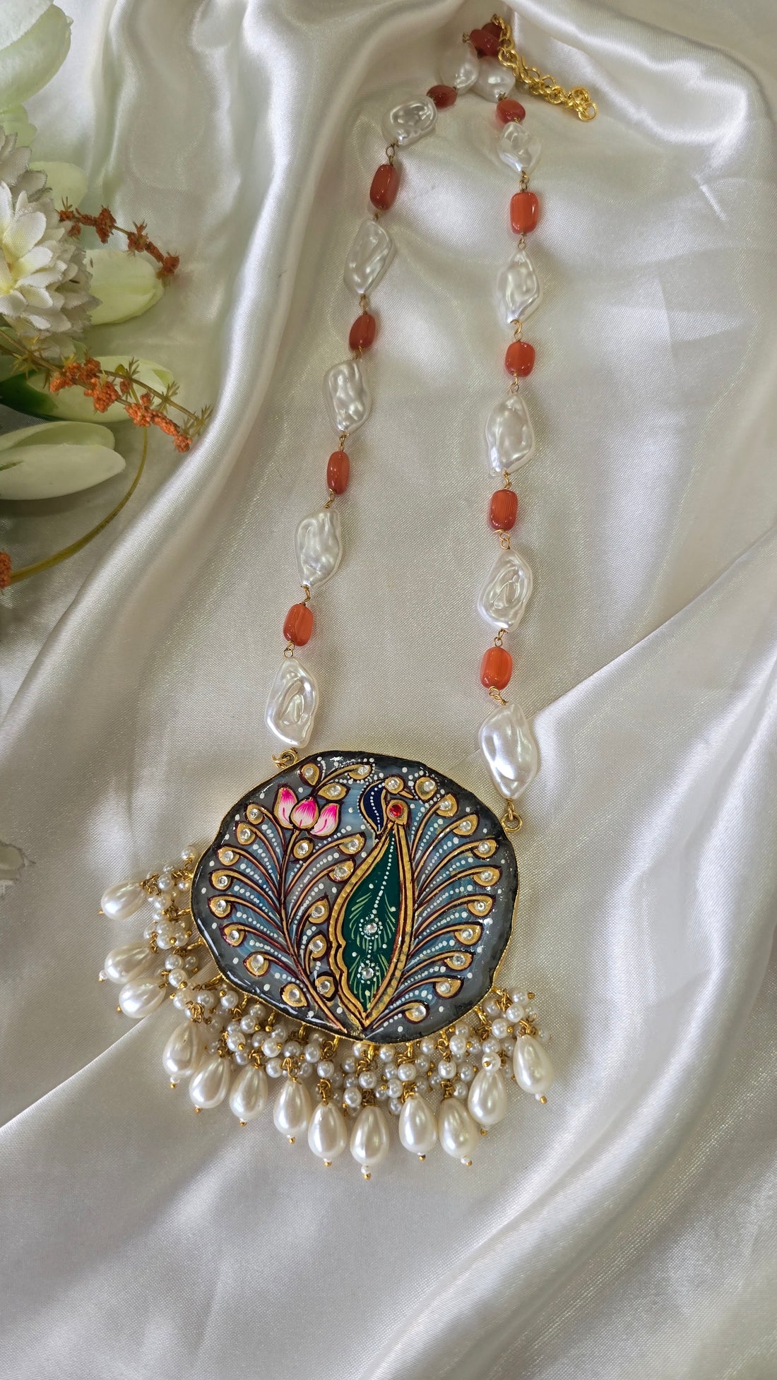 The Mayura Heritage Necklace – Hand-Painted Pendant with Keshi Pearls