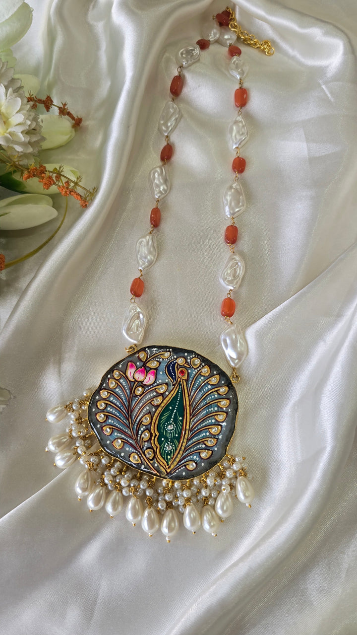 The Mayura Heritage Necklace – Hand-Painted Pendant with Keshi Pearls