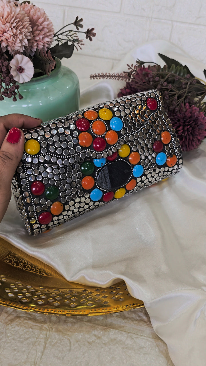 Artisanal Multi-Color Geometric Stone & Studded Clutch with Chain Strap – [Large]