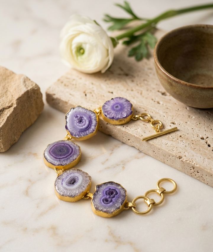 Gold-Plated Purple Agate Slice Toggle Bracelet