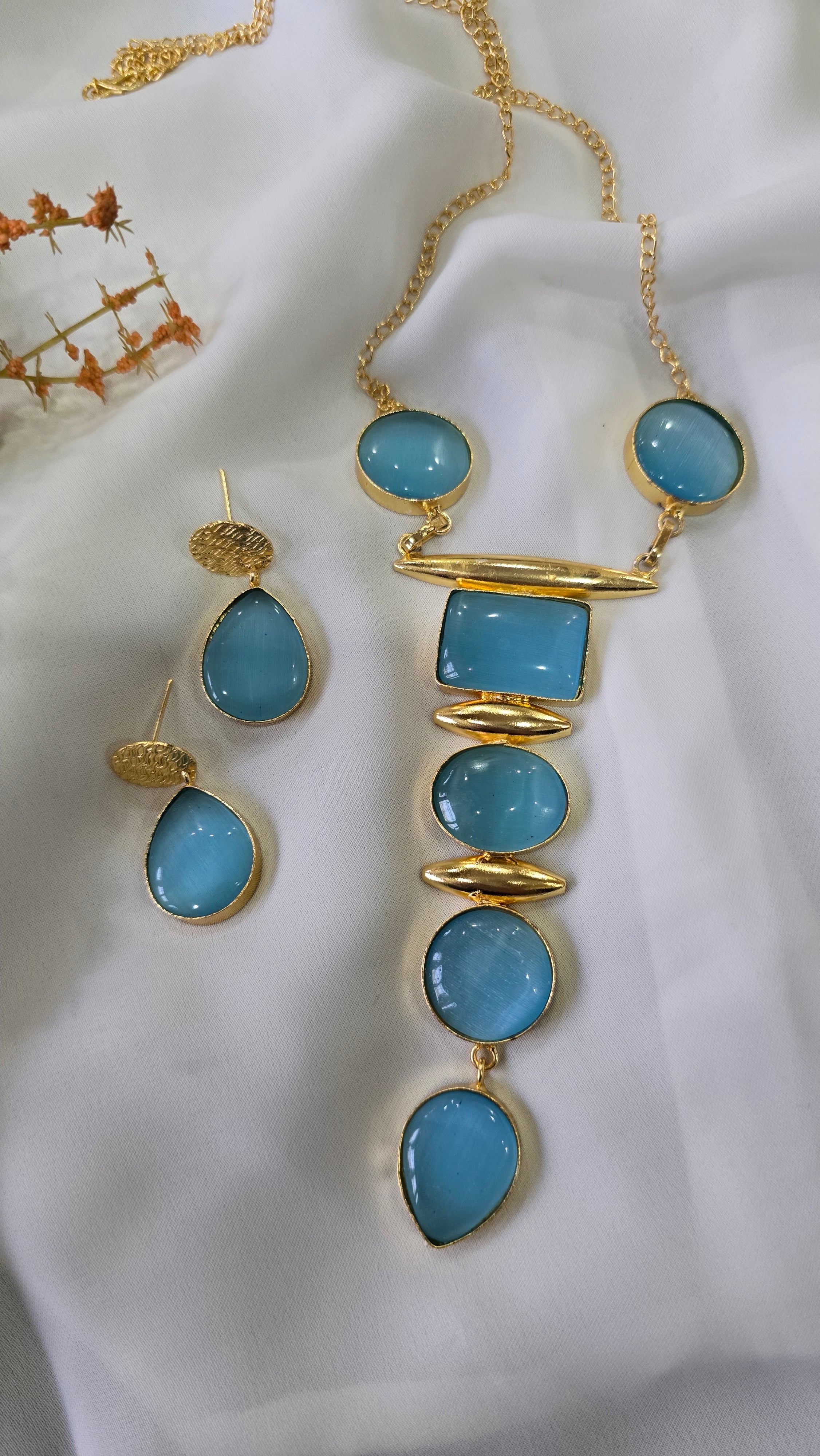Gold Finish Multicolor Geometric Stone Statement Necklace & Earrings Set