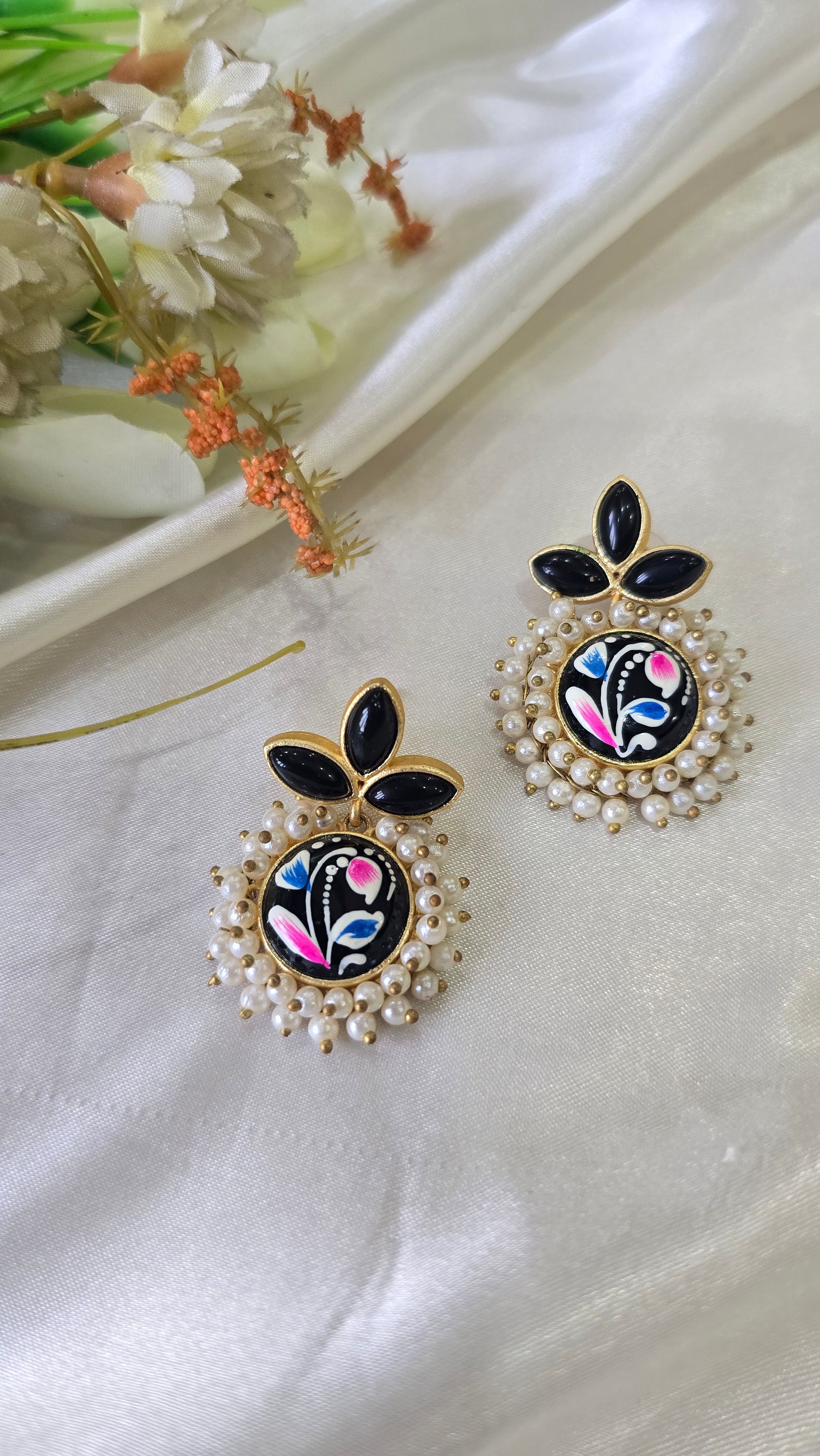 Vintage-Style Hand-Painted Enamel Studs with Pearl Clusters and Ruby-Red Stones