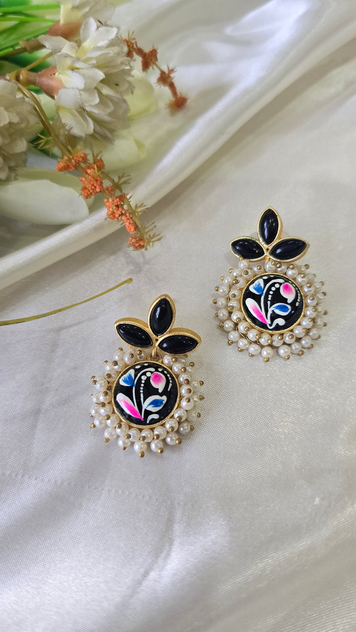 Vintage-Style Hand-Painted Enamel Studs with Pearl Clusters and Ruby-Red Stones