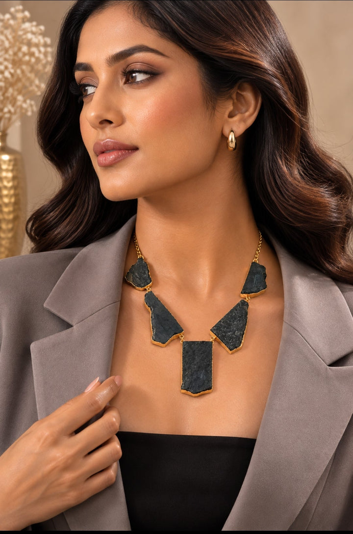 Raw Black Stone & Gold Statement Necklace