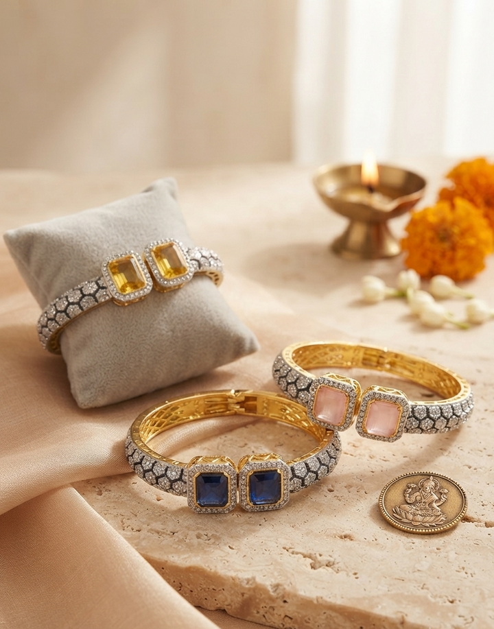 Regal Dual-Stone Gold Kada with Pave Diamond Detailing