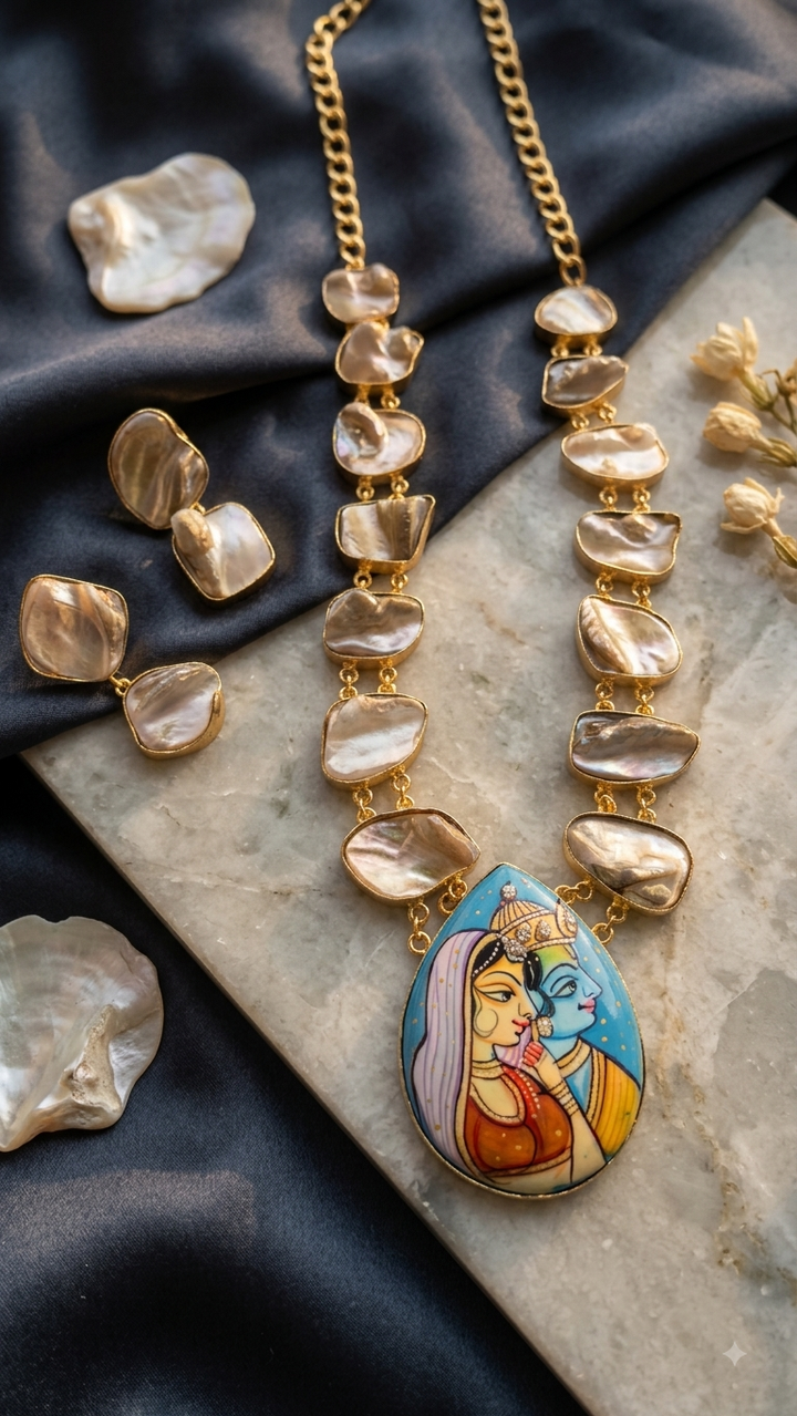 Hand painted Radha krishna miniature art neckpiece with MOP