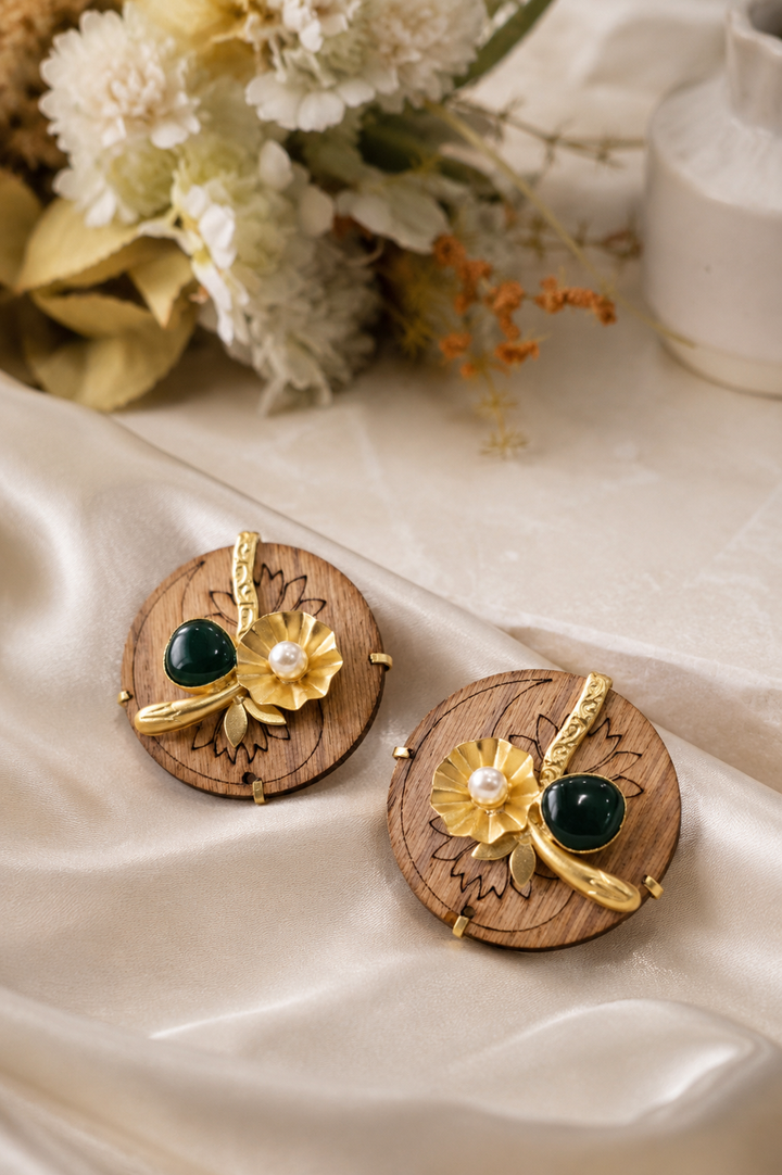 Handcrafted Wooden Stud Earrings with Gold Floral Accent, Pearl, and Emerald Green Cabochon