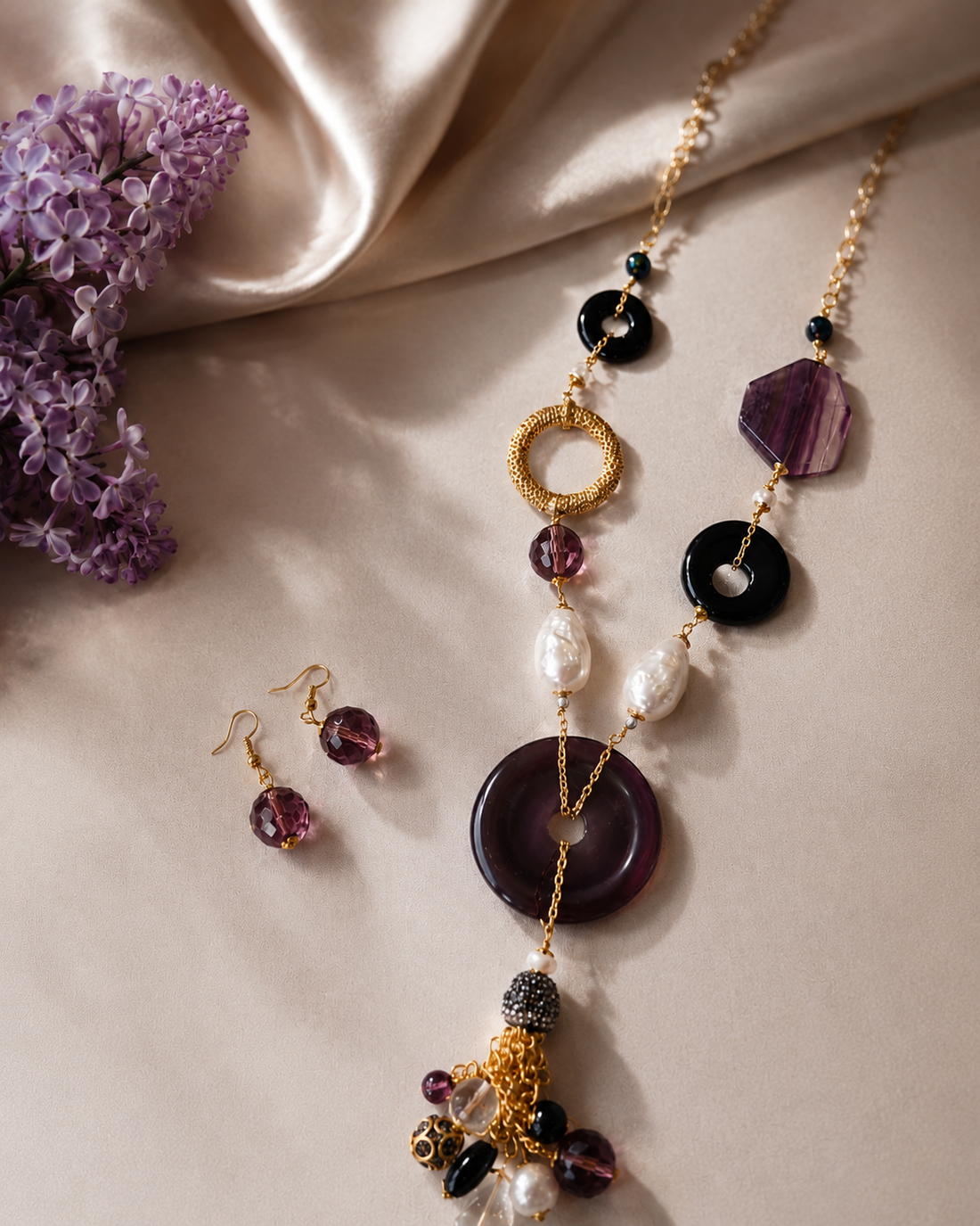 Regal Violet Pearl Necklace Set