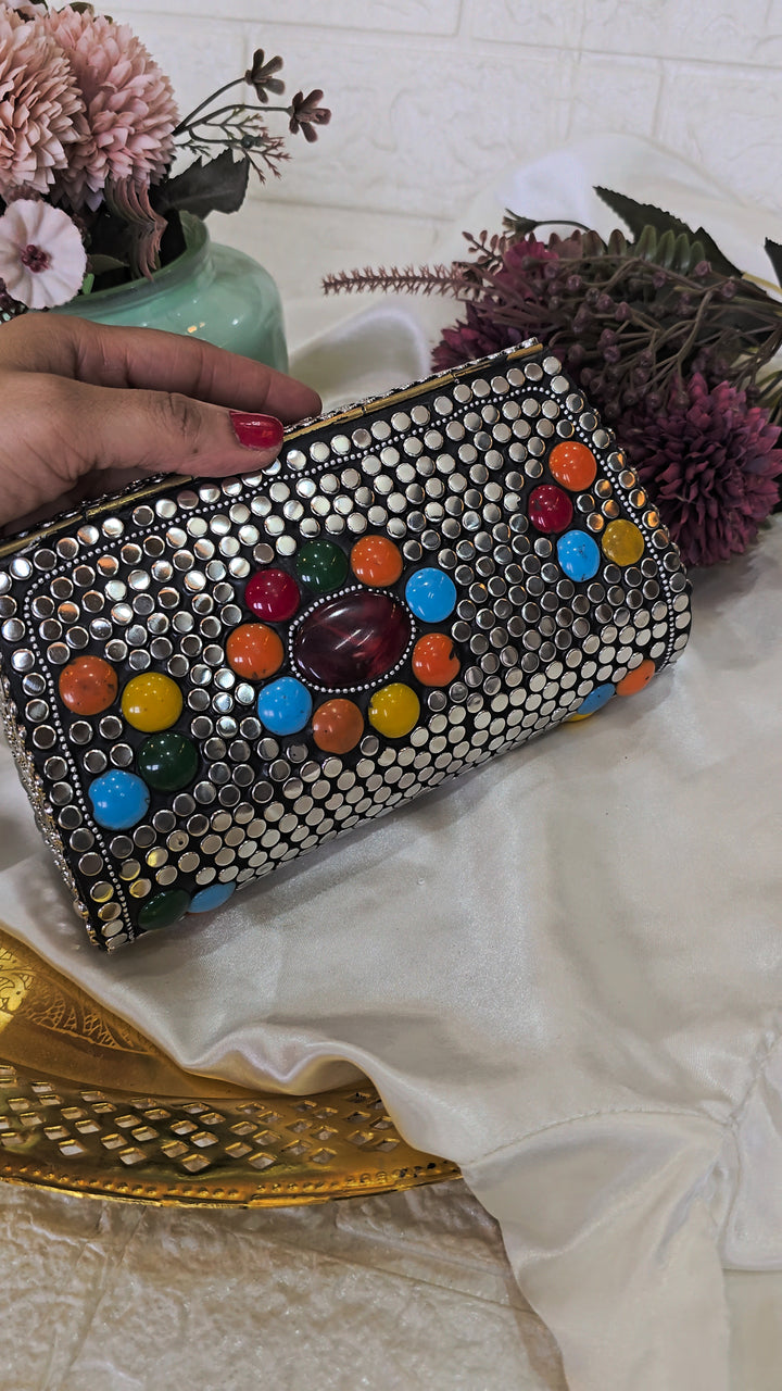 Artisanal Multi-Color Geometric Stone & Studded Clutch with Chain Strap – [Large]