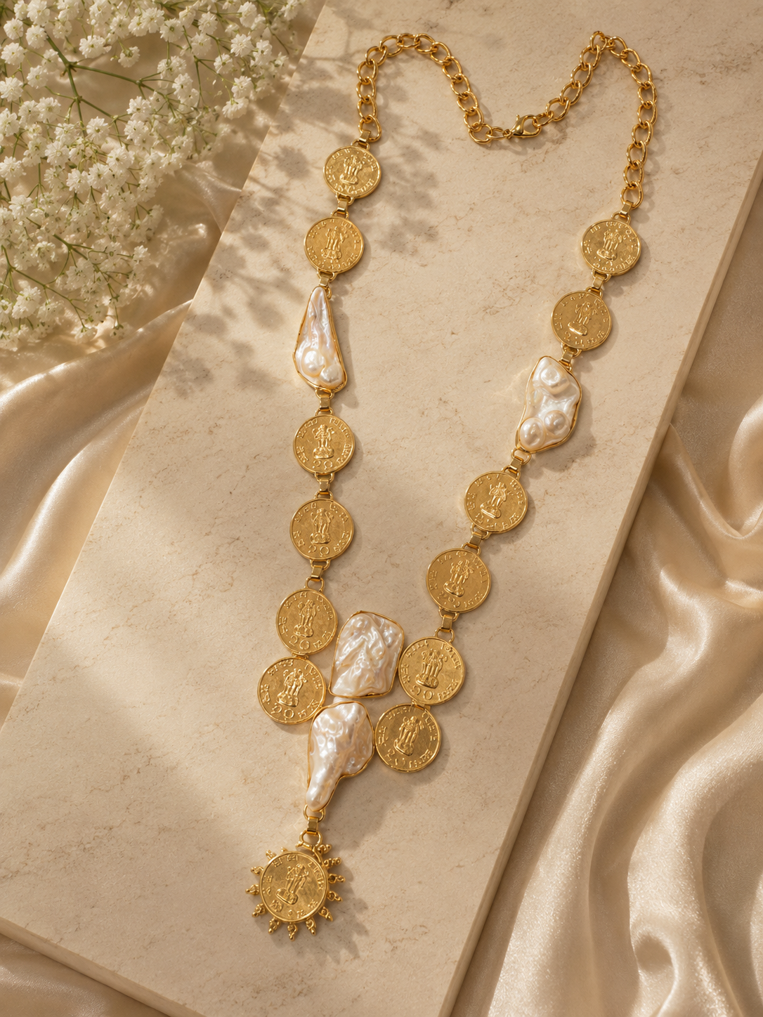 The Imperial Coin & Baroque Pearl Drop Necklace
