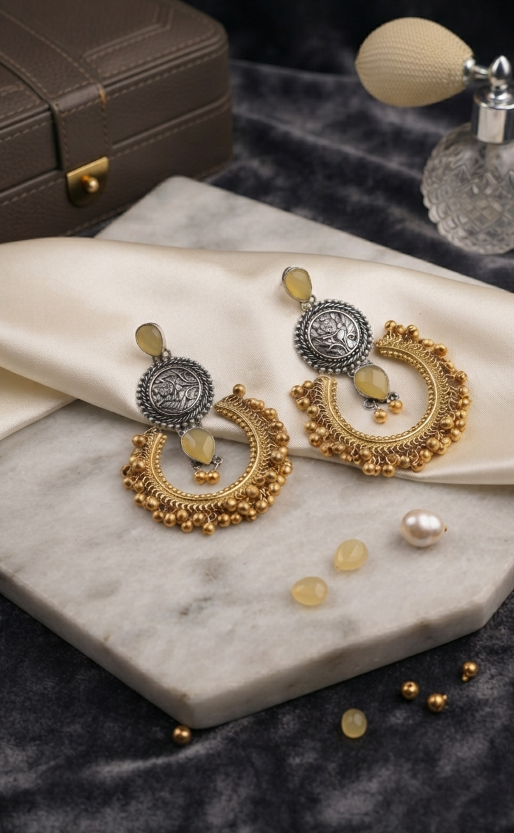 Oxidized Silver & Gold-Tone Crescent Chandbali Earrings