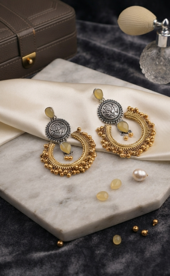 Oxidized Silver & Gold-Tone Crescent Chandbali Earrings
